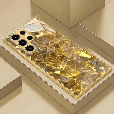 Platerowane złotem etui na telefon ze szkła hartowanego, kompatybilne Galaxy S26 S25 S24 S23 S22 Ultra Plus. Posiada wzór ze złotymi diamentami.