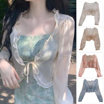 Women's Sun Protection Chiffon Cardigan Blouse Long Sleeve Lace-up Fungus Edge Breathable Air-conditioning Shirt for Work