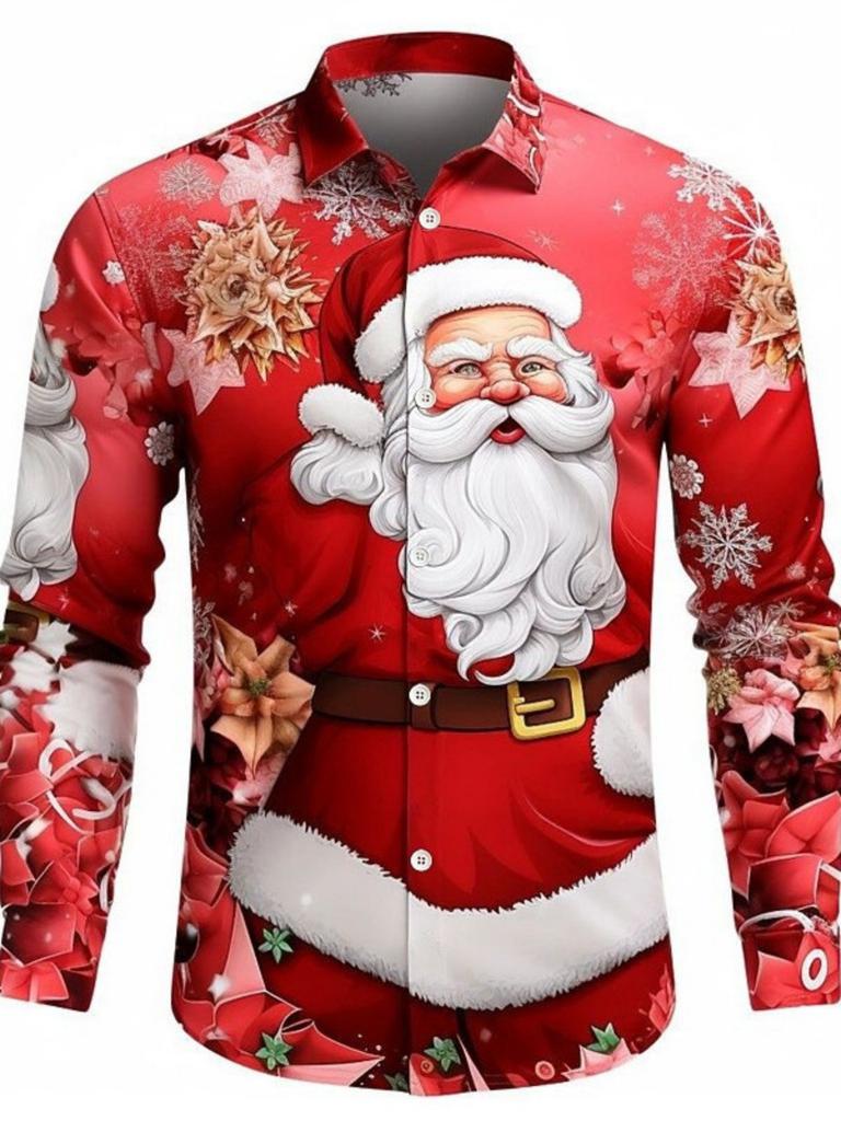 Kerstman Print Lange Mouwen Shirt, Feestelijke Kleding