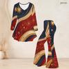 Women Plus Size Two Piece Set V Neck Long Sleeve Star Printed Flared Top And Flared Pants White Red Blue