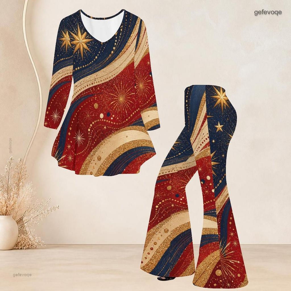 Women Plus Size Two Piece Set V Neck Long Sleeve Star Printed Flared Top And Flared Pants White Red Blue