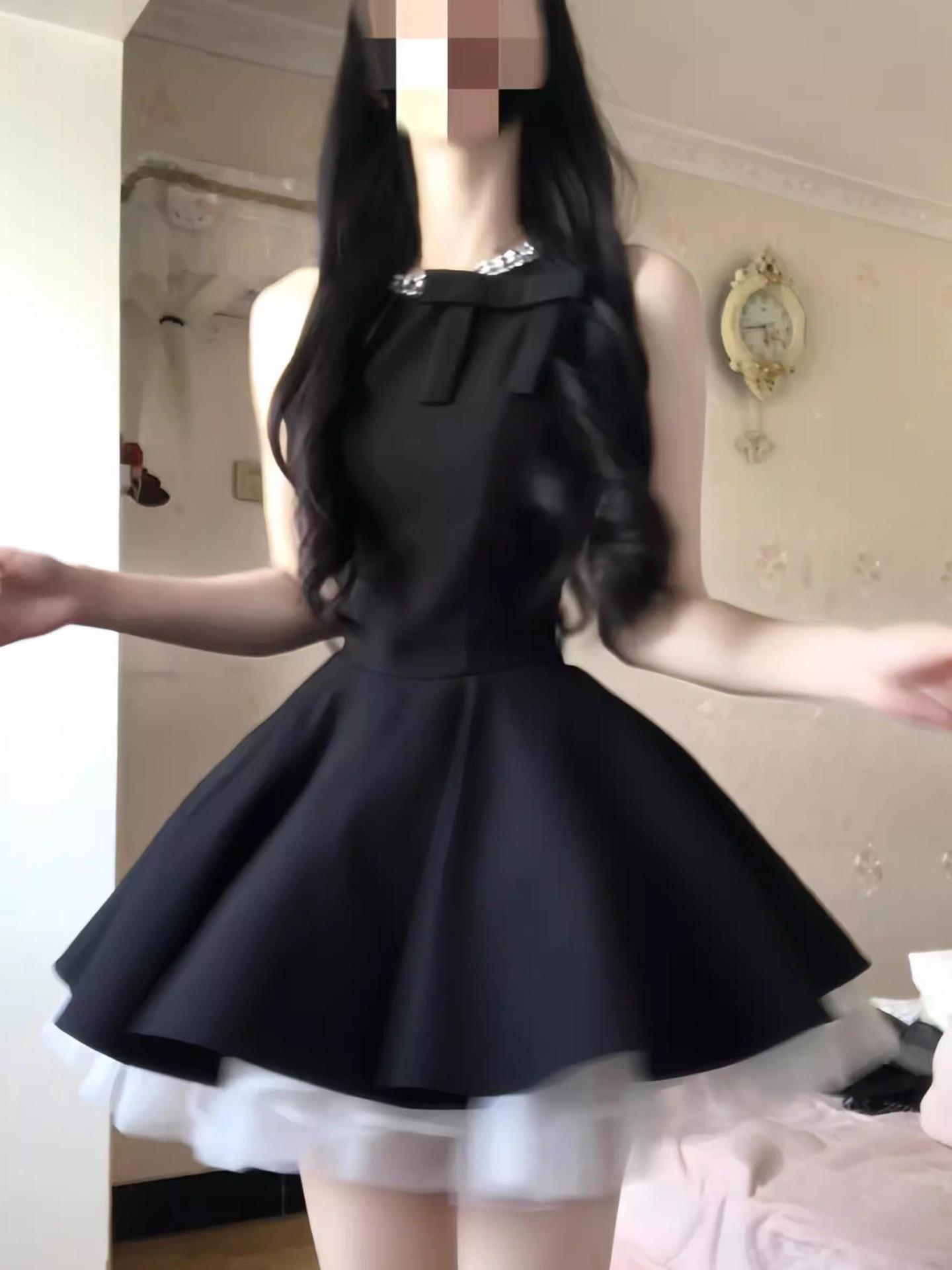 French rich daughter black vest dress women s summer Hepburn style birthday dress princess fluffy dress S