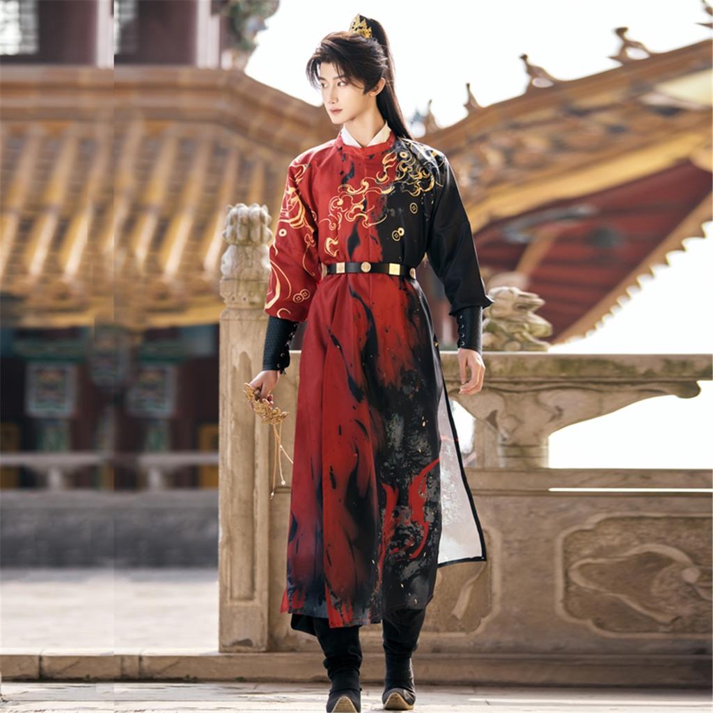 Chinese Tang Dynasty Style Round Neck Robe And Hanfu Daily Printed Suit For Handsome Male And Female Knights