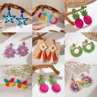 (Environmental Protection) Bohemian Woven Raffia Big Flower Pineapple Earrings Vacation Style Earrings
