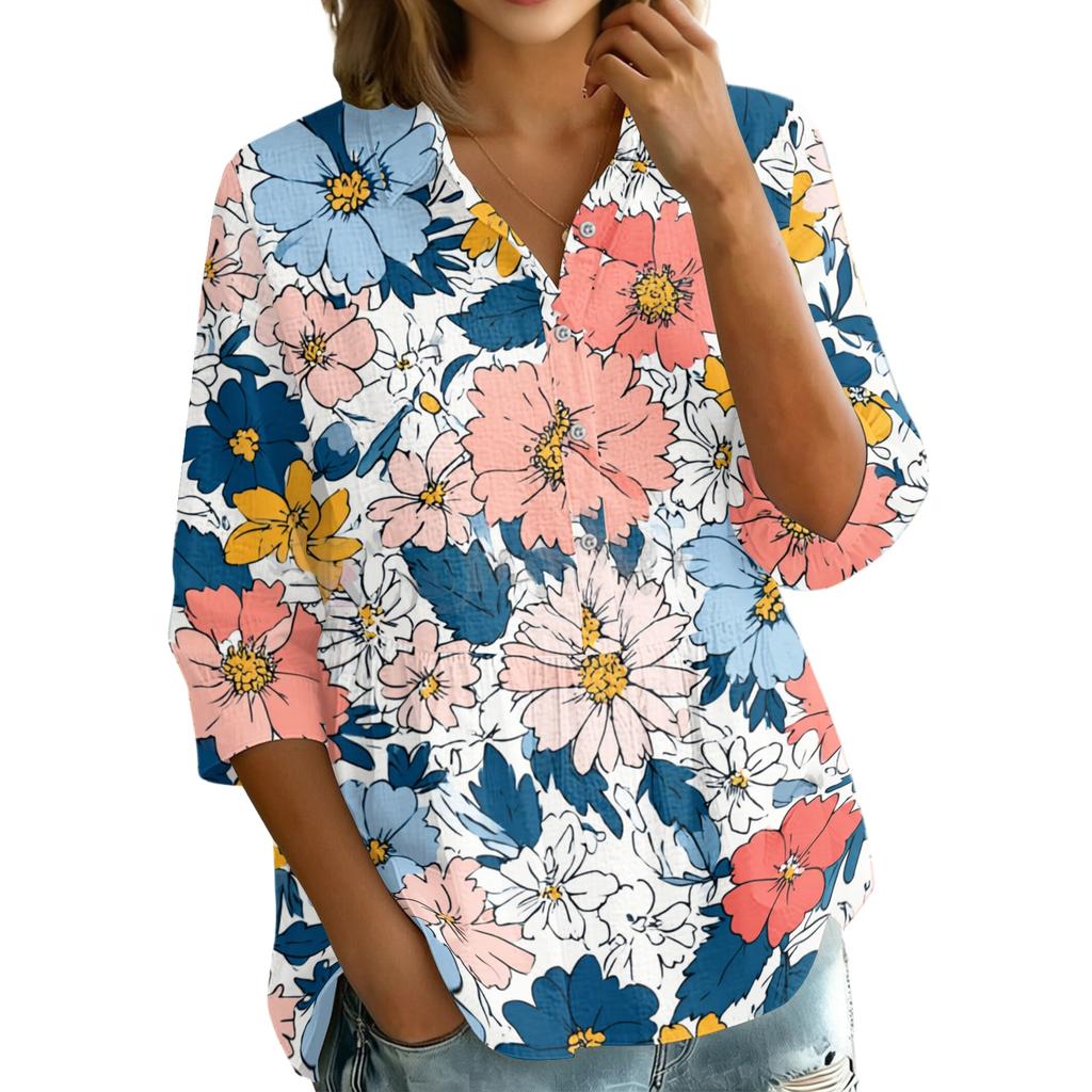 Womens Button Front Shirt Vintage Floral Print Three Quarter Sleeve Loose Fit Blouse Casual Lightweight Top for Everyday Wear