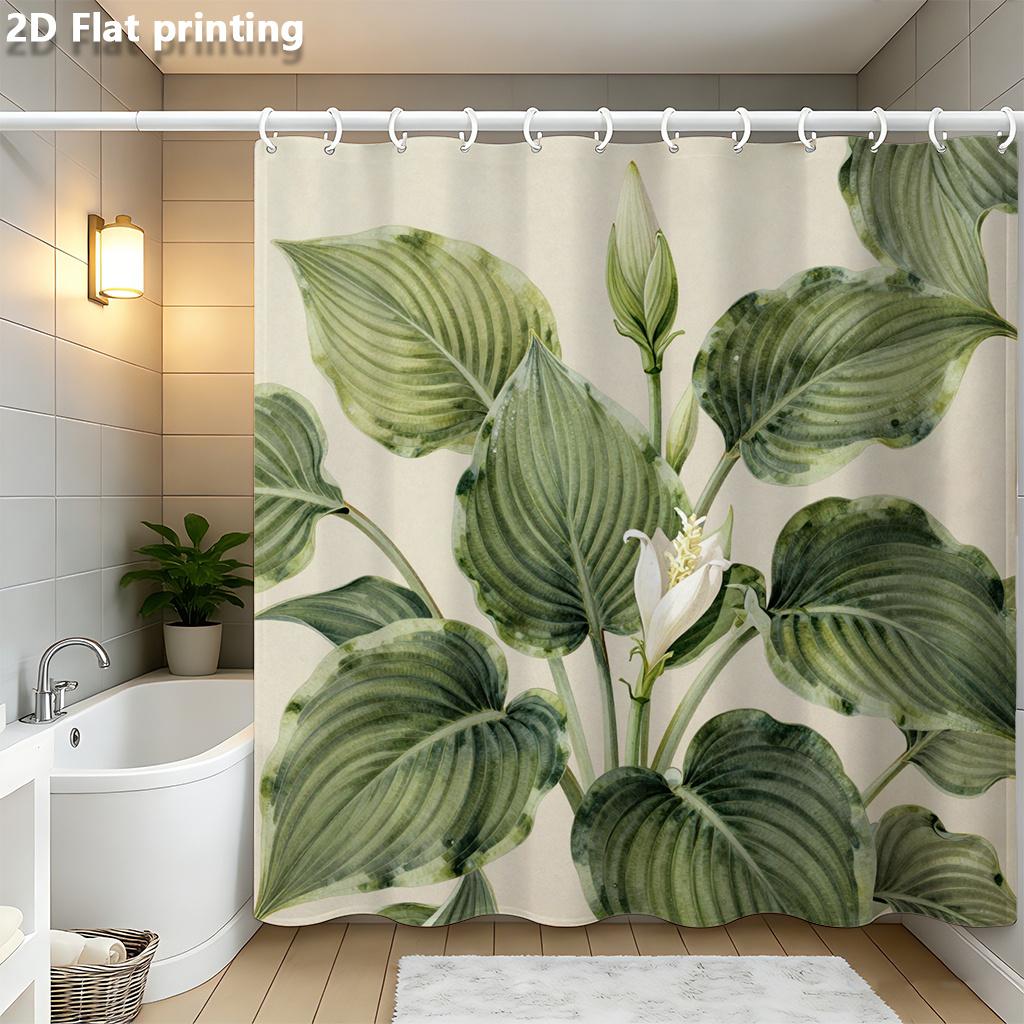 Hosta Plant Shower Curtain – Large Variegated Leaves With White Spathe, 2D Flat Print, Polyester, 70.8 X70.8  Inch W60H190(CM)-1 Pcs