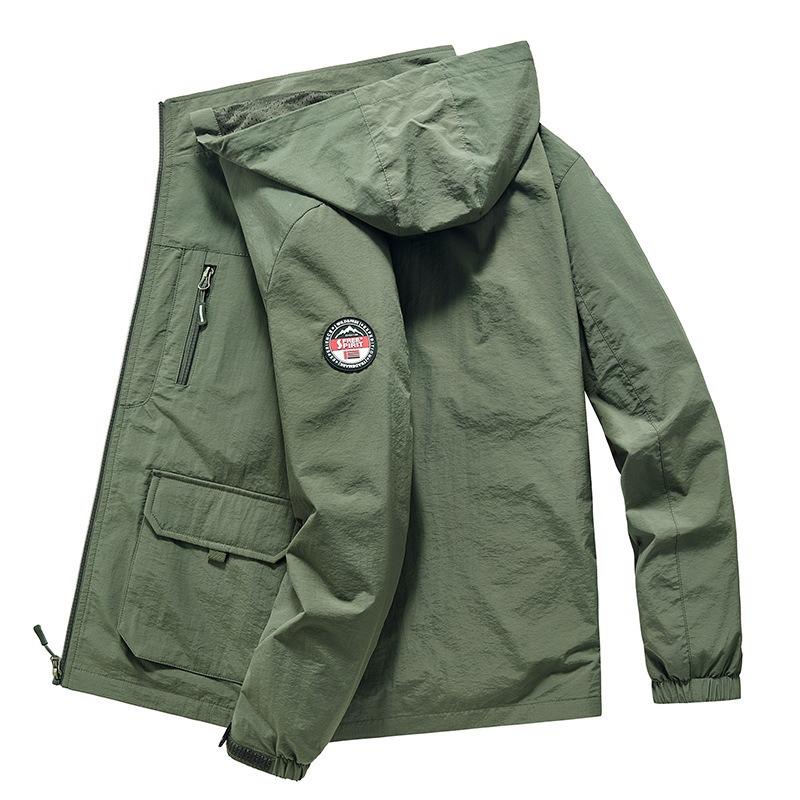 Spring Autumn Loose Zipper Hooded Windbreaker Men Casual Thin Trendy Jacket Outwear Coat For Daily Mountaineering Outdoor Activities