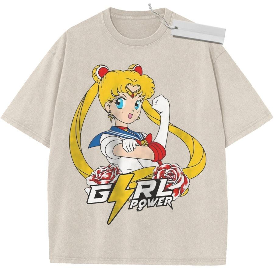 Unisex Washed Pink Vintage Tshirt Sailor Moon Girl Power Highquality Fabric for Home Leisure Travel Shopping