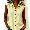 Women Beige Striped Sleeveless Button Down Shirt With Pointed Collar Casual Office Top