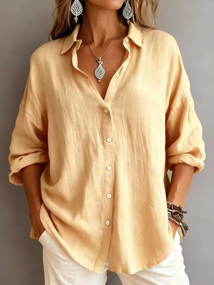 Womens Casual Loose Solid Color Long Sleeve Lapel Button Down Shirt