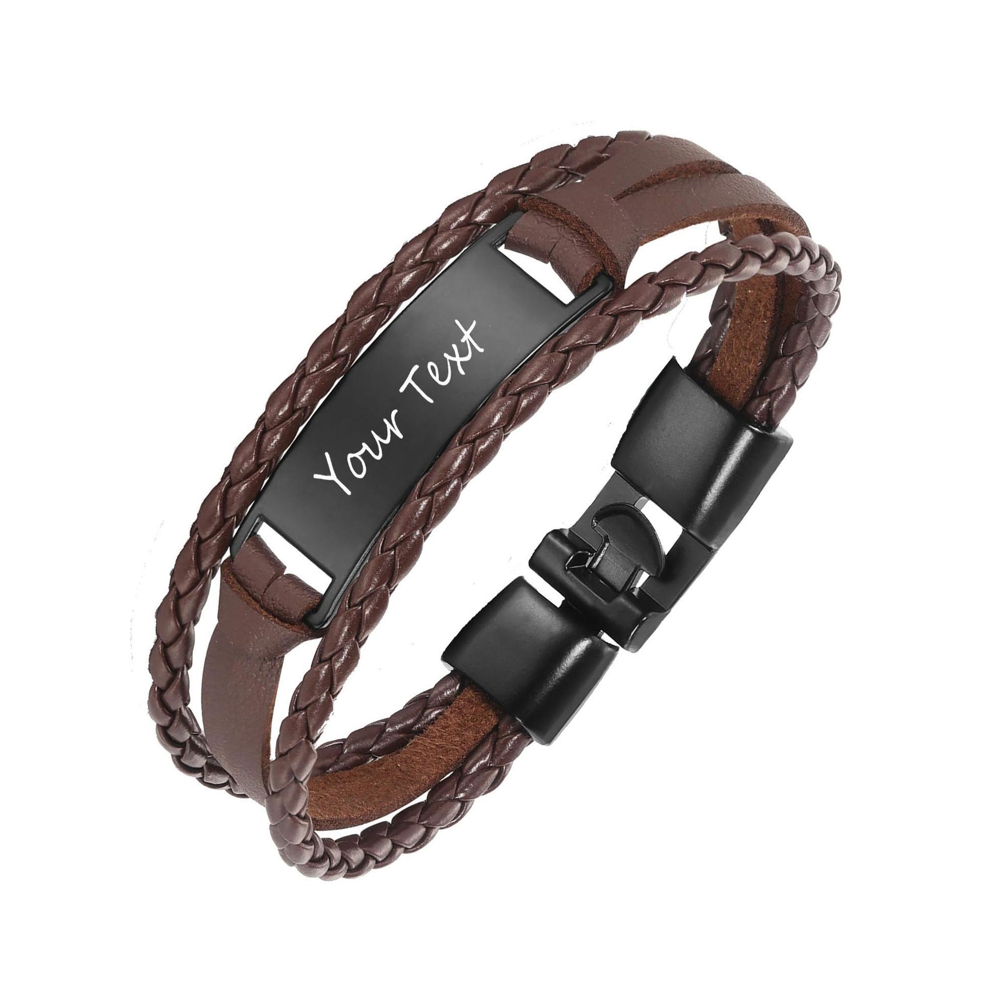 

New leather bracelet hand-woven black steel brand lettering bracelet stainless steel tongue buckle steel brand lettering leather bracelet