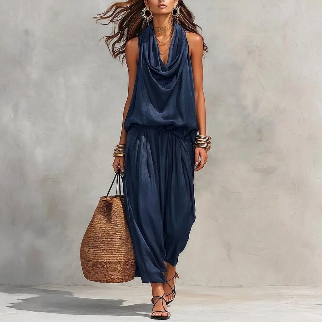 Women's Two Piece Set Draped Neck Sleeveless Top and Casual Loose Fit Pants Summer Outfit Soft Fabric Comfortable Fit