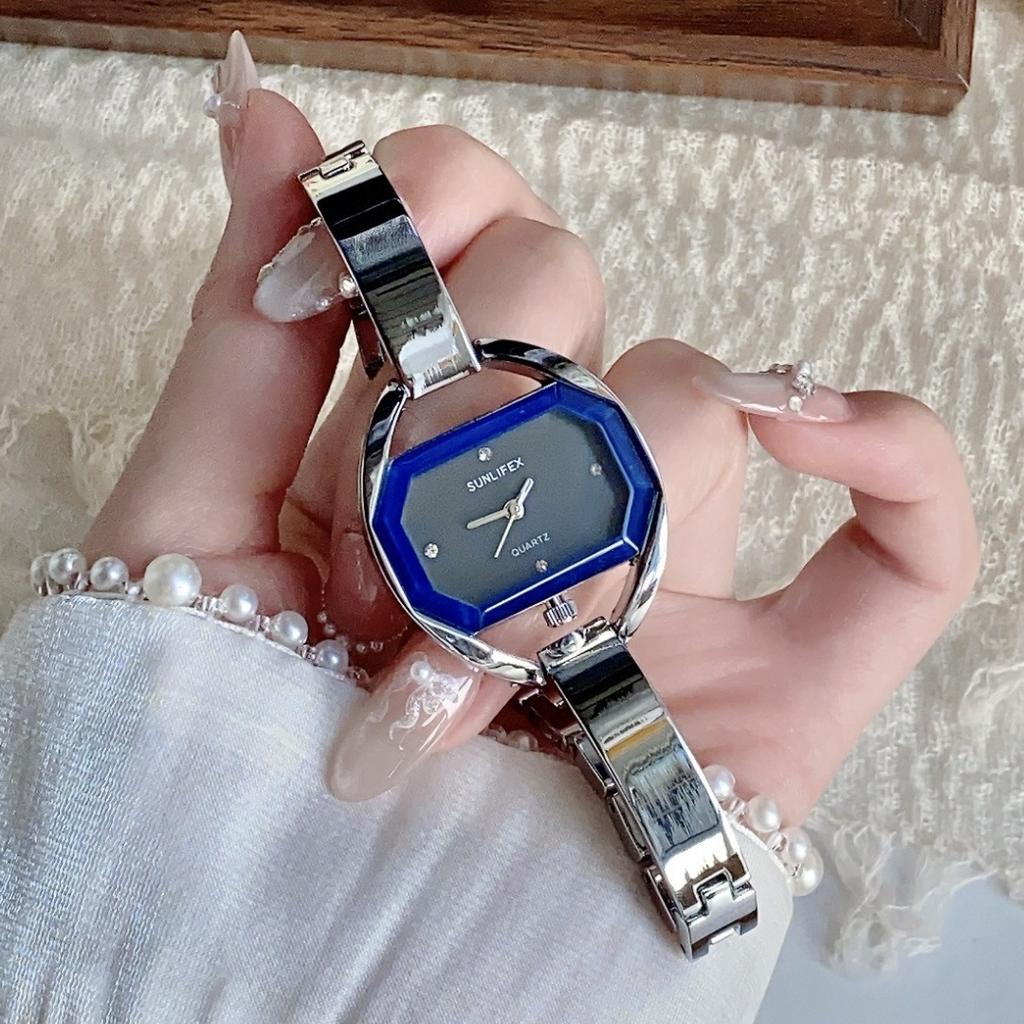 Minimalist Octagonal Rhinestone Dial Ladies Quartz Watch Thin Metal Bangle Elegant Daily Wrist Watch