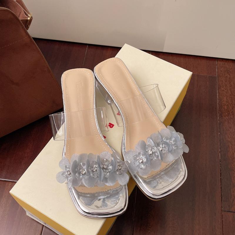 Fashion Women's Sandals Summer Slip on PVC Open Toe High Heels Women Chunky Heel Transparent Sandals Fashion Women's Slippers Sandalias