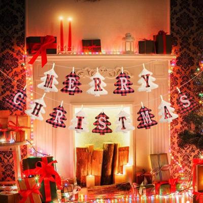 Christmas Banner Merry Christmas Buffalo Plaid Tree Christmas Decoration Scene Wall Hanger Festive Home Party Decor