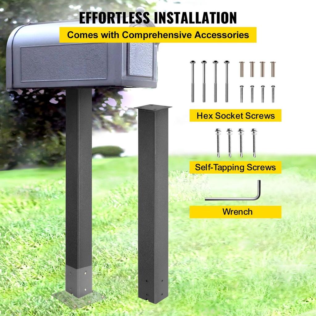 Mailbox Post, 43\" High Mailbox Stand, Black Powder-Coated Mail Box Post Kit, Q235 Steel Post Stand Surface Mount Post for Sidewalk and Street