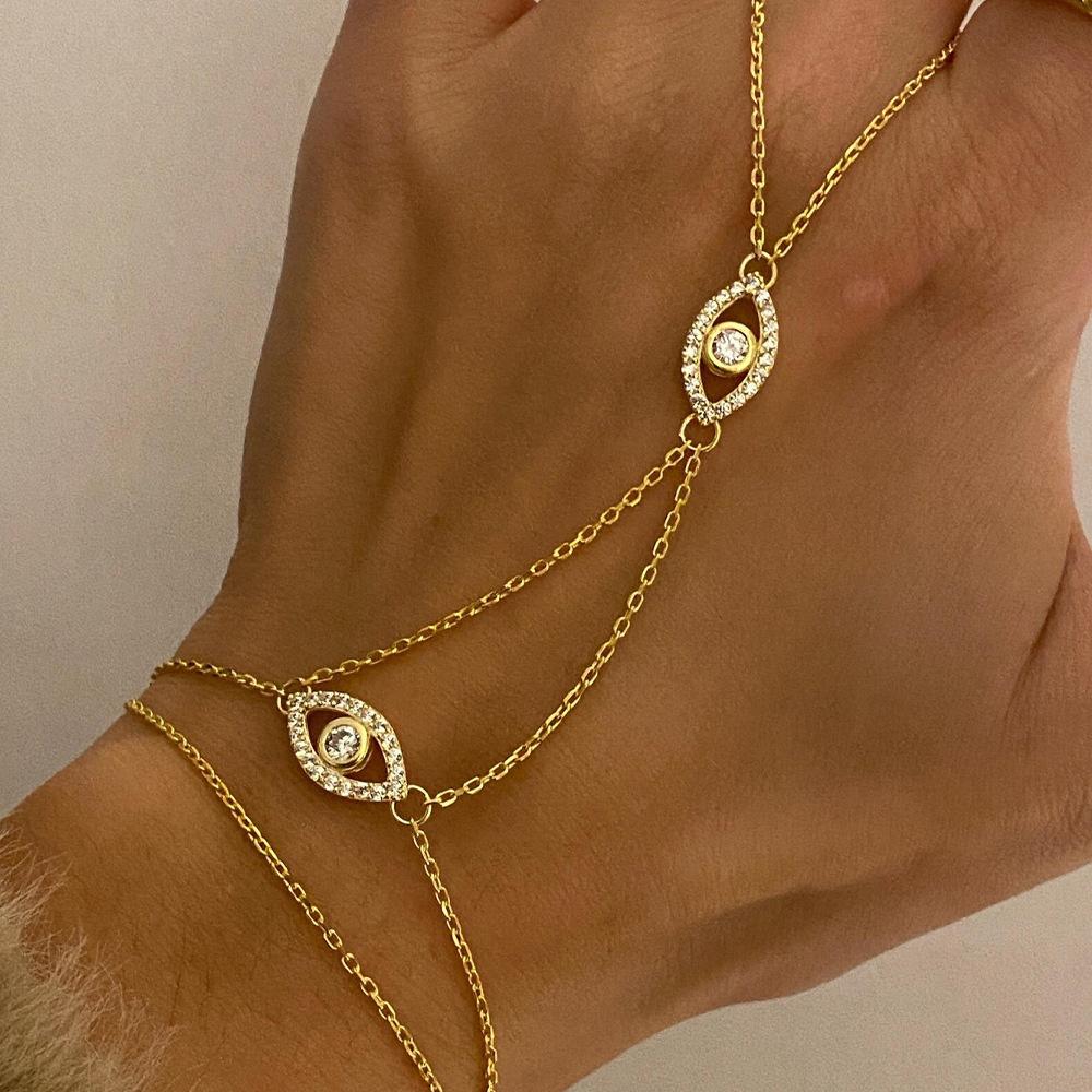 Personalized Vintage Eye Zircon Finger Chain for Women Dainty Copper Pave Link Hand Bracelet Gold Jewelry