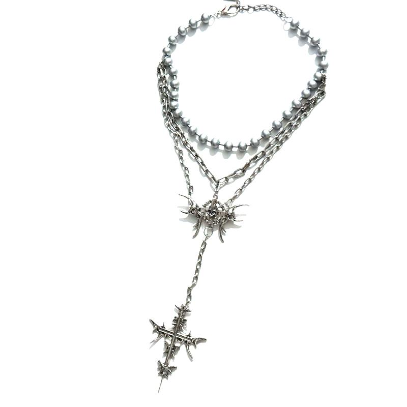 Punk Jewelry Thorn Wings Rivet Cross Pendant Necklace for Women Cool Accessories Grunge Rock Chain Necklace Goth