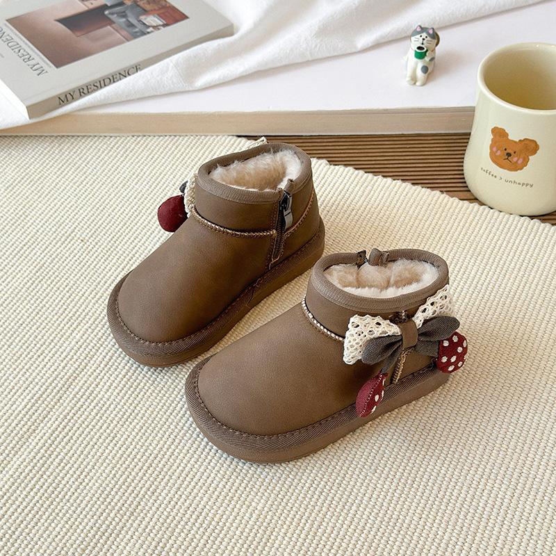 

Girls Cherry Bow Cotton Boots, New Winter Model, Children s Solid Color, Fleece-Lined, Thickened, Non-Slip, Waterproof Snow Boots 27Inner Length16.7cm коричневый