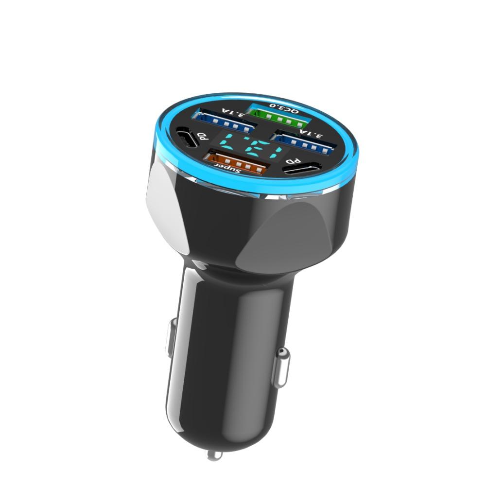 

USB Car Charger Fast Charging with Digital Display Car Phone Adapter For iPhone 15 14 Samsung Xiaomi 6 Ports USB C Car Charger чорний