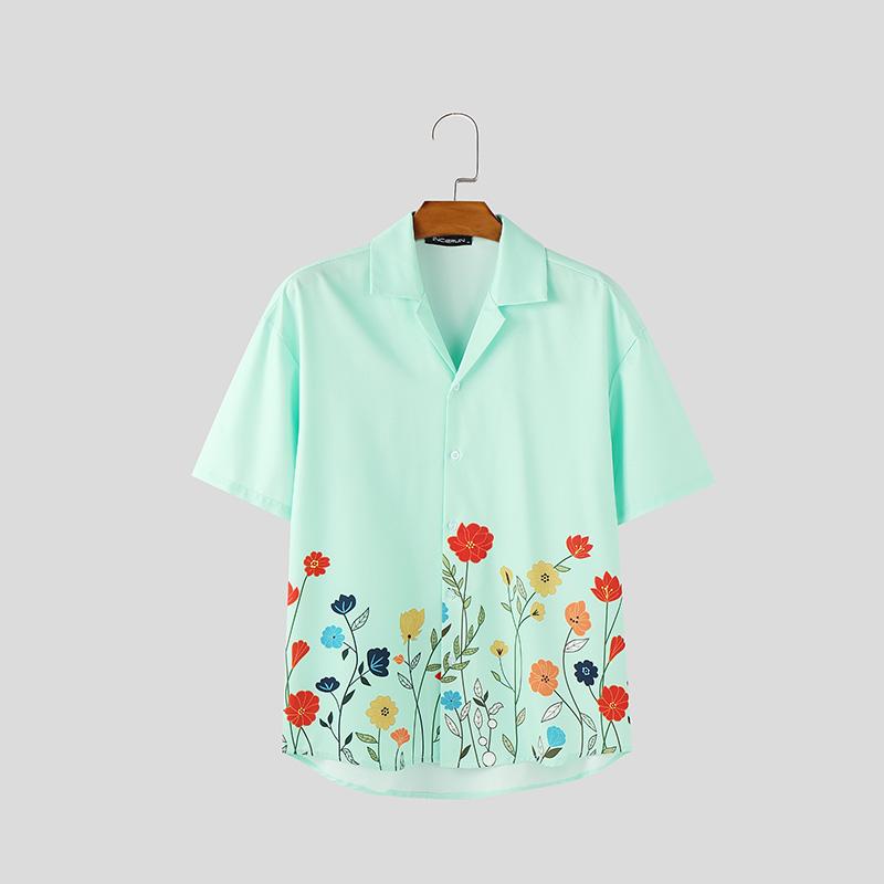 INCERUN Oversized Men Summer Lapel Neck Short Sleeve Floral Print Casual Shirts