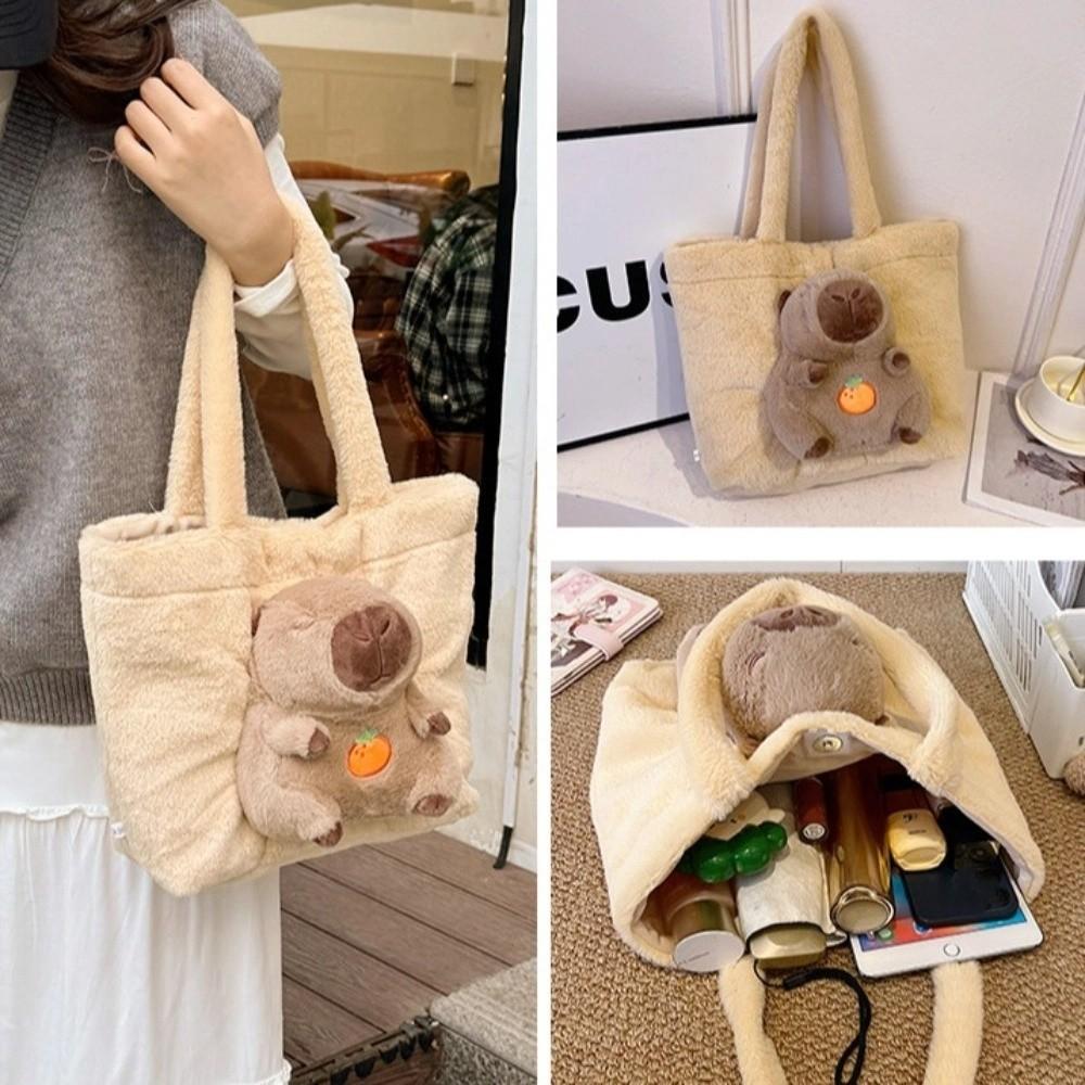 Large Capacity Plush Tote Bag Cartoon Doll Shoulder Bag Fashion Capybara Handbag  Lady
