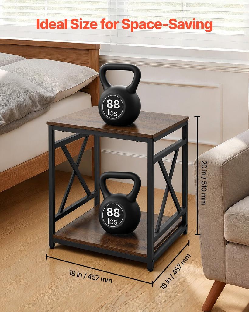 End Table, 2-Tier Square Side Table with Open Storage Shelves, Modern Nightstand Bedside Desk with X-Design Metal Frame, Wood Sofa Coffee Desk for