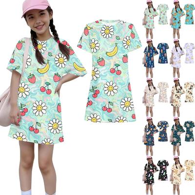 Girls Print Casual Dress Kids Loose Round Neck Short Sleeve Thin Sundress