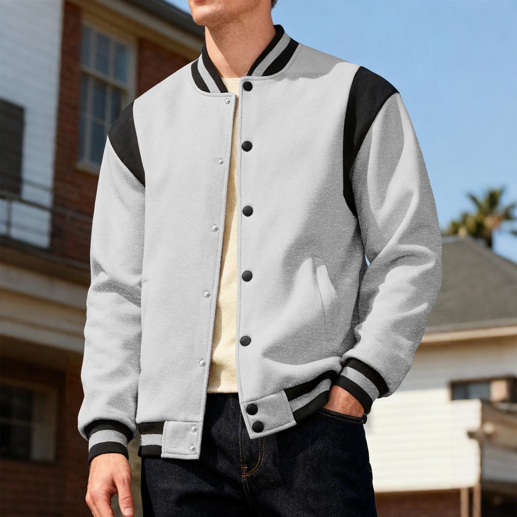 Men's Casual Baseball Jacket with Color Block, Stand Collar and