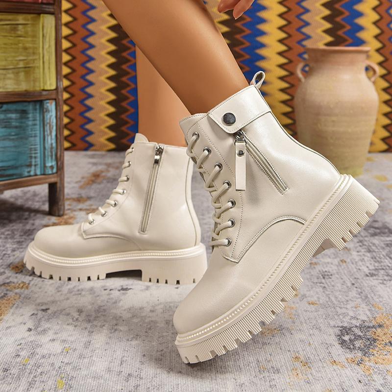 Black Pu Leather Motorcycle Boots Women  Fashion Lace Up Platform Ankle Boots Woman Plus Size 42 Zipper Gothic Shoes Female