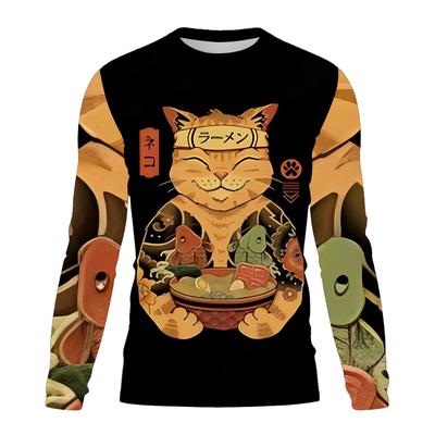 Men's Round Neck T Shirt Japanese Style Cat 3D Print Casual Long Sleeved Oversized Pullover Trend Streetwear Men Clothing Tops