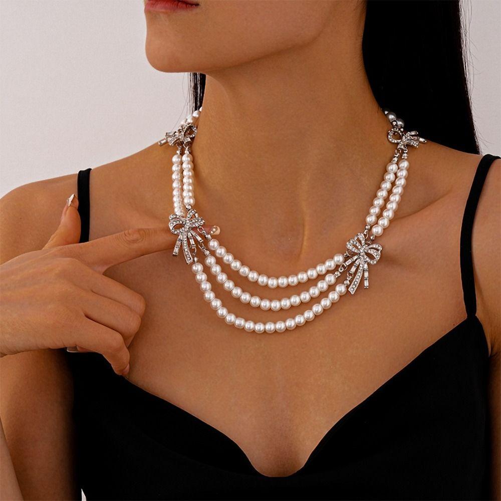 Elegant Imitation Pearl Necklace Vintage Bow Collarbone Chain Ornaments Multi-layer Chain  Gift