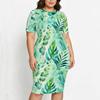 Women Plus Size Tropical Leaf Printed Two Piece Skirt Set Round Neck Short Sleeve Asymmetric Top Fitted Skirt