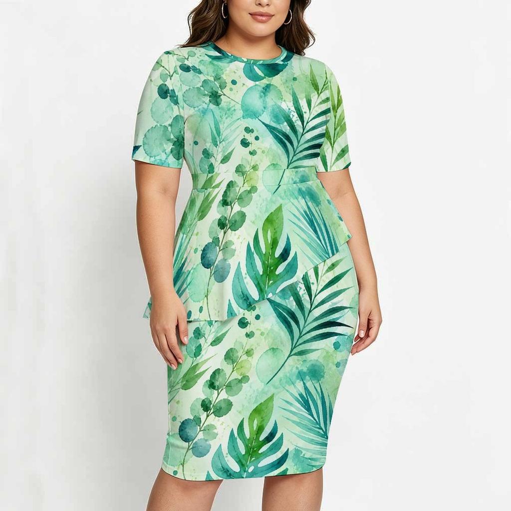 Women Plus Size Tropical Leaf Printed Two Piece Skirt Set Round Neck Short Sleeve Asymmetric Top Fitted Skirt