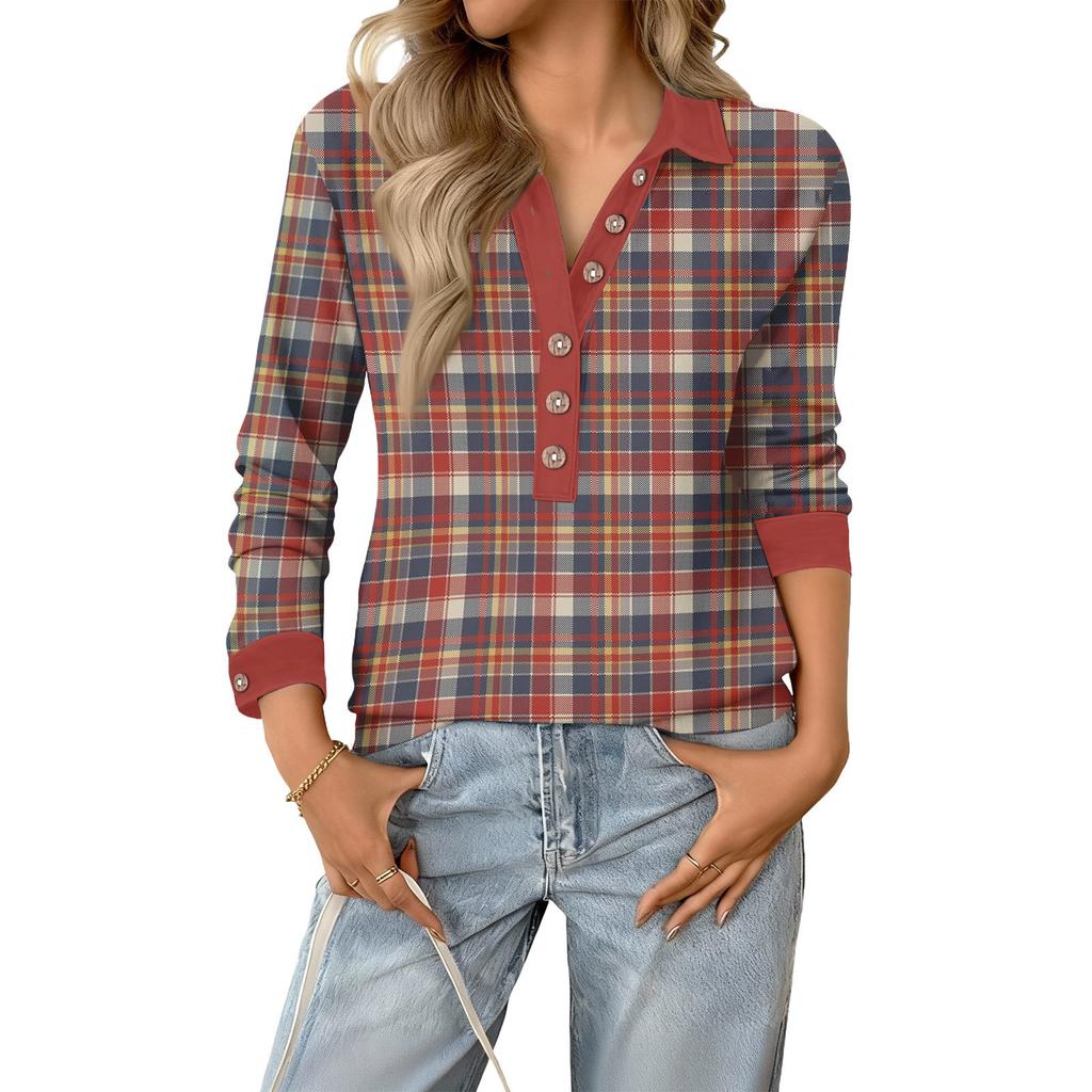 Women's Retro Street Lazy V,neck Long Sleeve Button Plaid Print Pullover Top