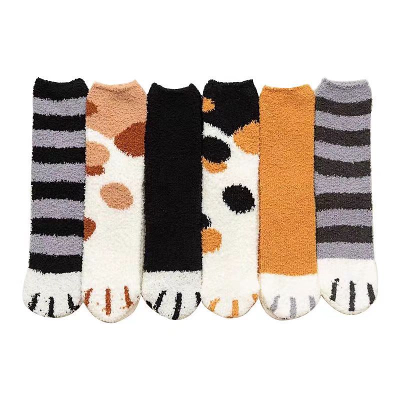 Women Socks Mid Calf Winter Coral Fleece Cute Cat Paw Thickened Half Fleece House Slippers Plush Home Sleep Socks for Women