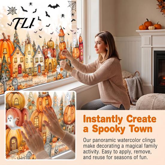 Easy Apply Glass Clings Halloween Window Clings, Pumpkins Skeletons Ghosts And Bats Print Decorative Decals, Electrostatic PVC Static