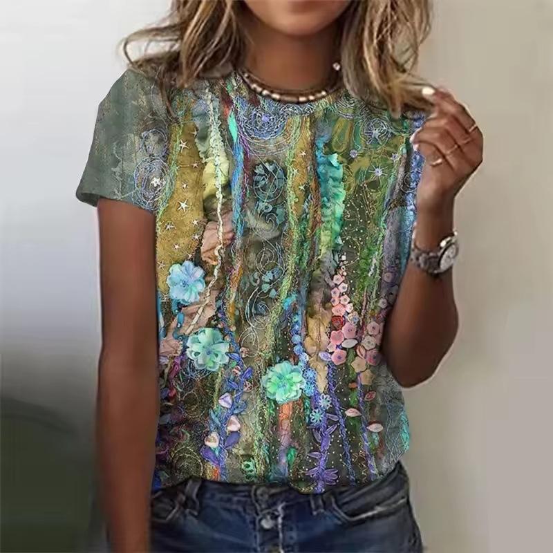Women's T-shirt 3D Pattern Printed Casual Short Sleeved Vintage Floral Print O-Neck Top Fashionable Street Women's Clothing