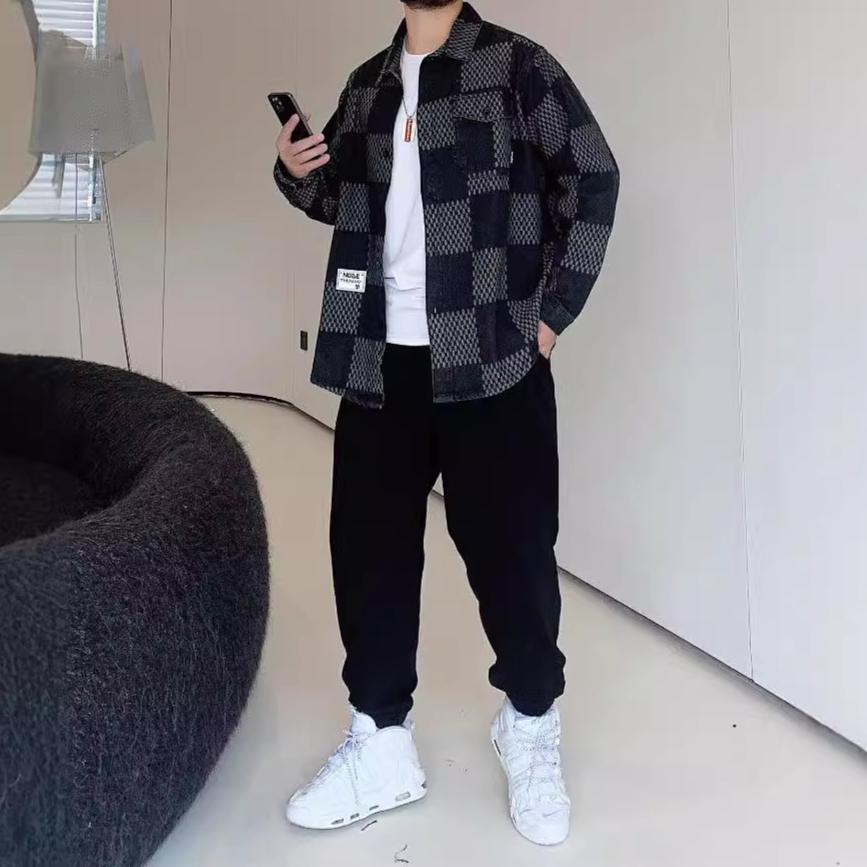 Checkerboard Pattern Plus Size Men's Windproof Warm Jacket Fashionable Versatile Casual Sports Lightweight Jacket Denim Jacket