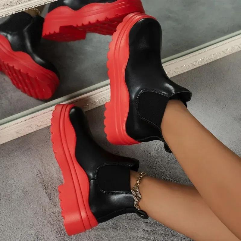 Round Head Ankle Chelsea Boots Bottom Slip-on 2024 Autumn Women New Thick Boots Women's Boots Fashion Platform Shoes Botas Mujer