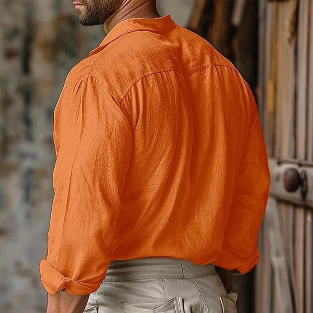 Men's 100% Linen Shirt Long Sleeve Lace Up Neck Casual Spring Summer Breathable Shirts Men Clothing