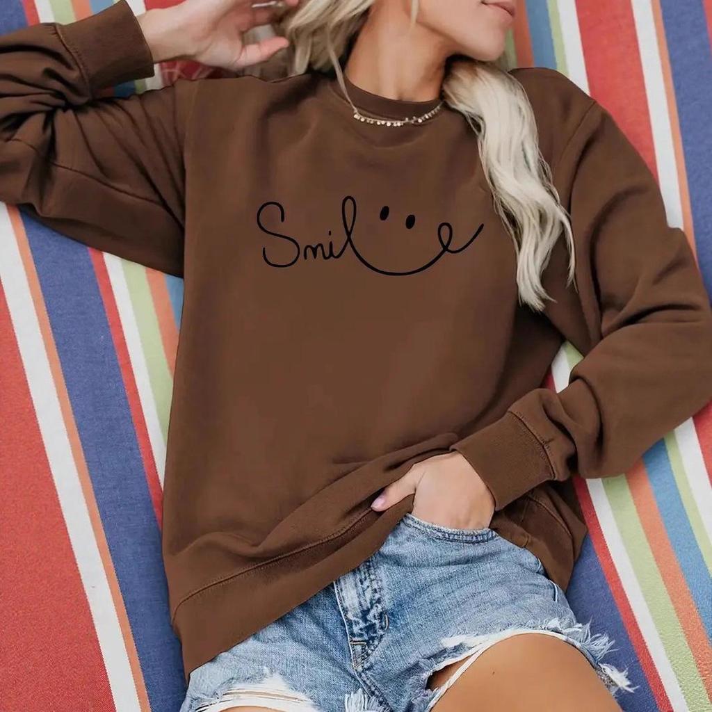 Women's Geometric Smiley Face Crew Neck Pullover Sweatshirt, Sizes S-3XL