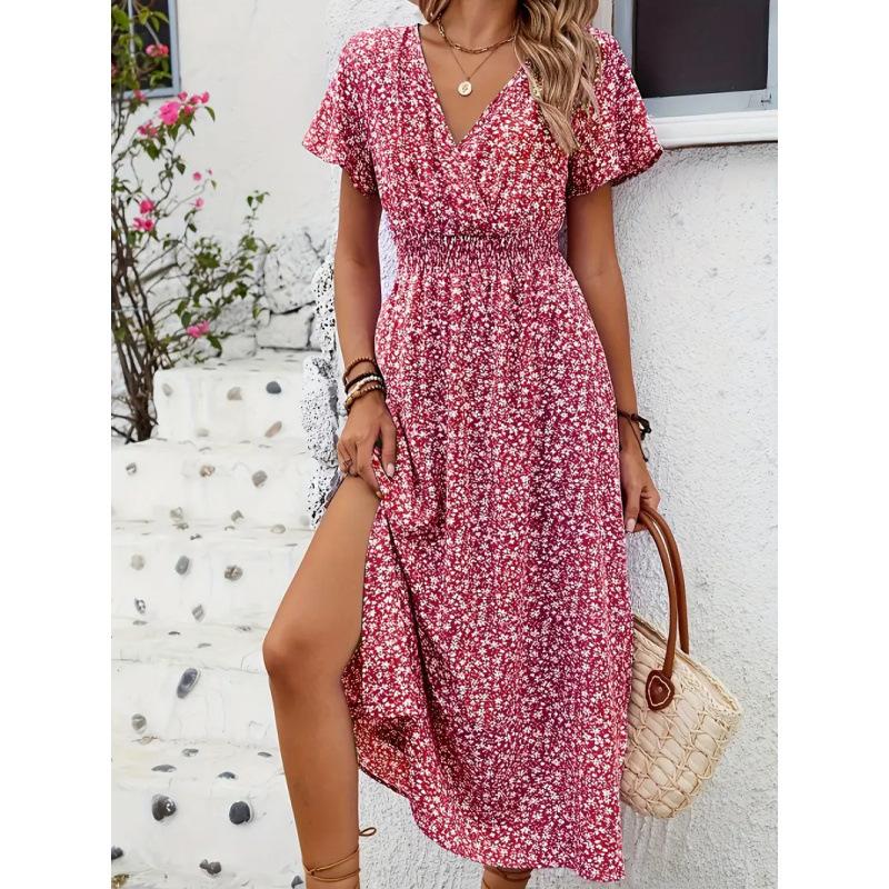 European and American summer new women's sexy skirt V-neck elastic waist short-sleeved dress women