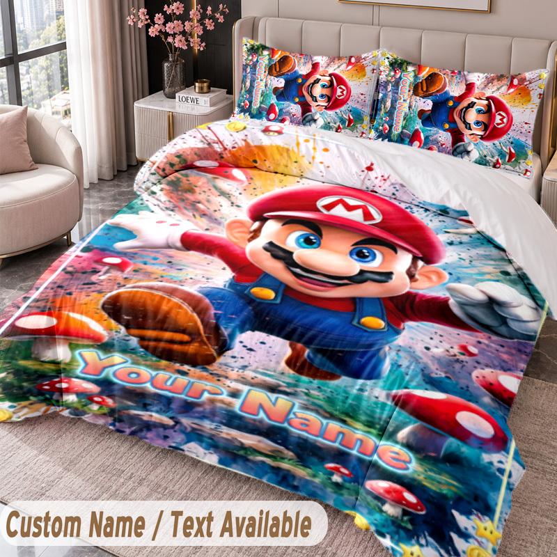 Custom Name Text 3Pcs Bedding Set Super Mario Duvet Cover And Two Pillowcases