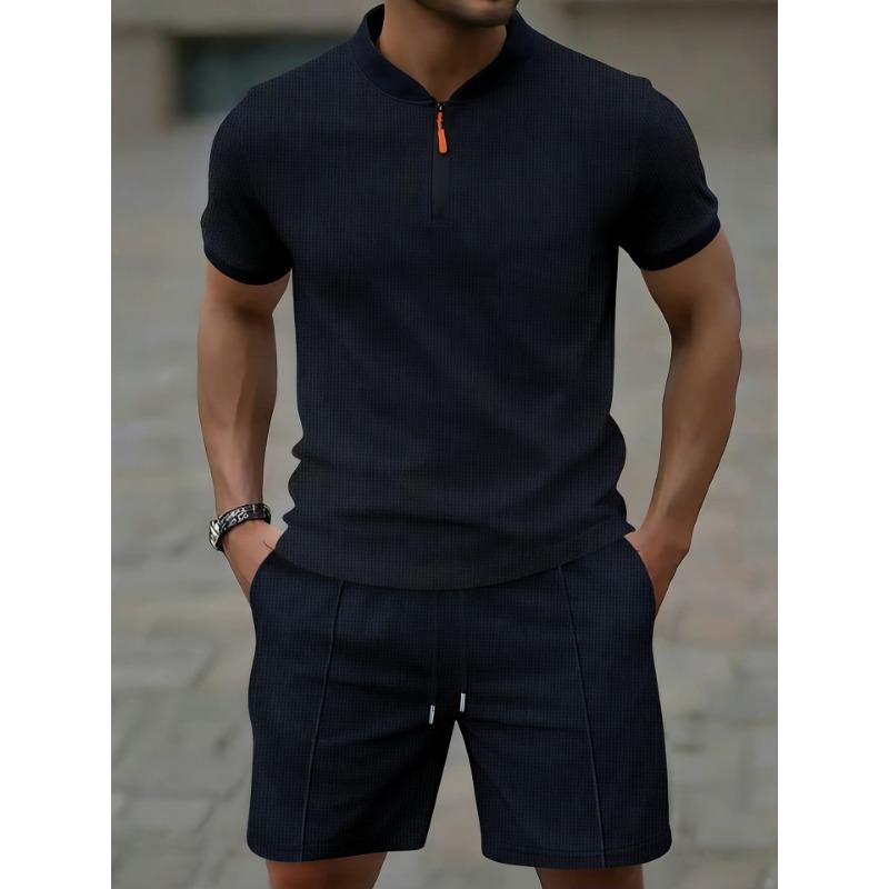Mens Casual Half Zip Short Sleeve Top And Shorts Two Piece Set
