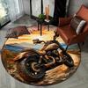 Motorcycle Sunset Landscape Round Rug Plush Floor Mat Biker Style Room Decor Adventure Travel Theme Carpet Motorcycle Lover Rug