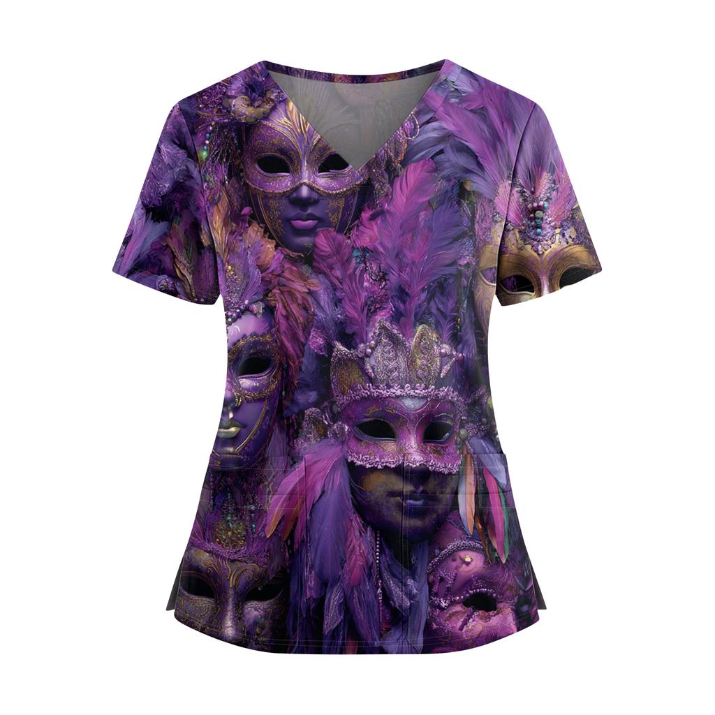 Women's Caregiver  Printed V-Neck Double Pocket Short Sleeves Hem Slit  Uniform Caregiver Top