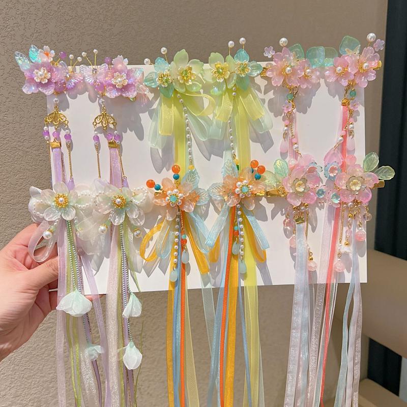 1 Pair Ancient Chinese Hanfu Girl'S Tassel Hair Clip Princess Style Flowing Silk Hairpin Adorable Headwear For Little Girls