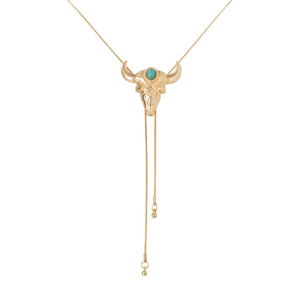 European and American Style Bull Skull Pendant Necklace, Gold Snake Chain with Turquoise Drawstring Style