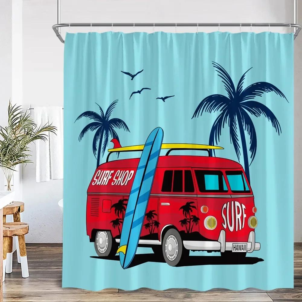 Camping Shower Curtain Camper Travel Bus Beach Coconut Tree Surfboard Outdoor Action Bathroom Decoration RV Shower Curtain